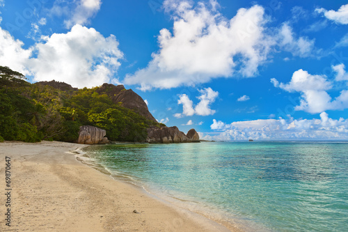 Famous beach Source d Argent at Seychelles