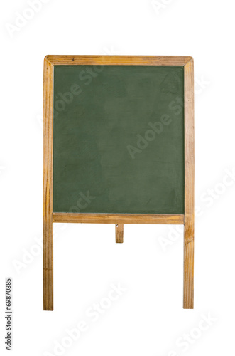 An empty chalk board on tripod over white background