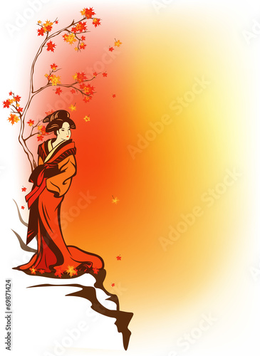Japanese theme autumn background with geisha