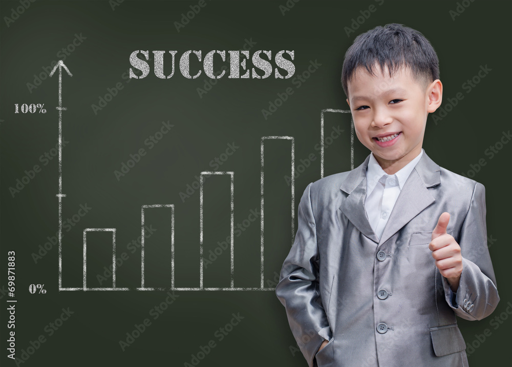 Asian businessman kid showing thumbs up in front of chalkboard Asian businessman kid showing thumbs up in front of chalkboard