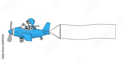little sketchy man flying in a blue plane with banner photo