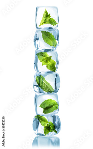 Ice cubes with green mint leaves