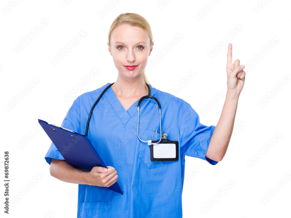 Doctor with clipboard and finger point out Doctor with clipboard and finger point out