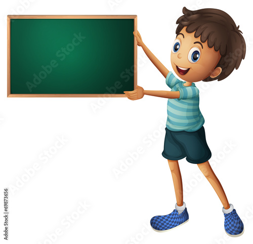 A boy holding an empty blackboard