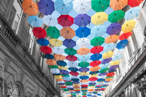 Street decorated with colored umbrellas