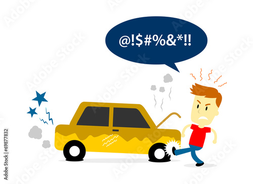 Man Kicking a Tyre of Old Broken Car