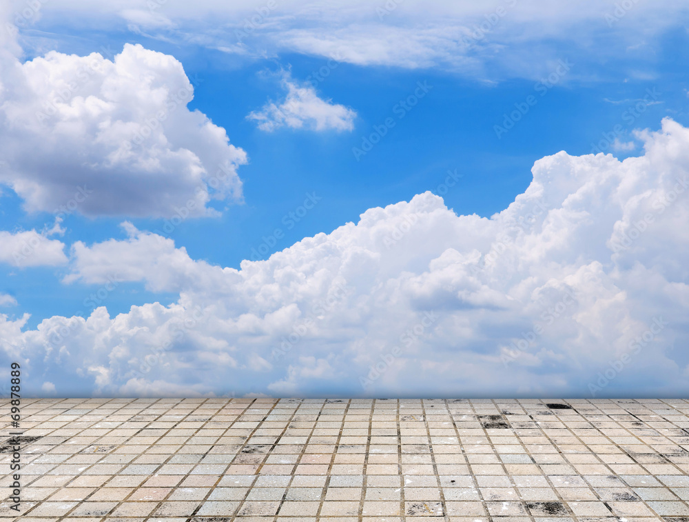 Paving tile floor with cloud and blue sky Paving tile floor with cloud and blue sky