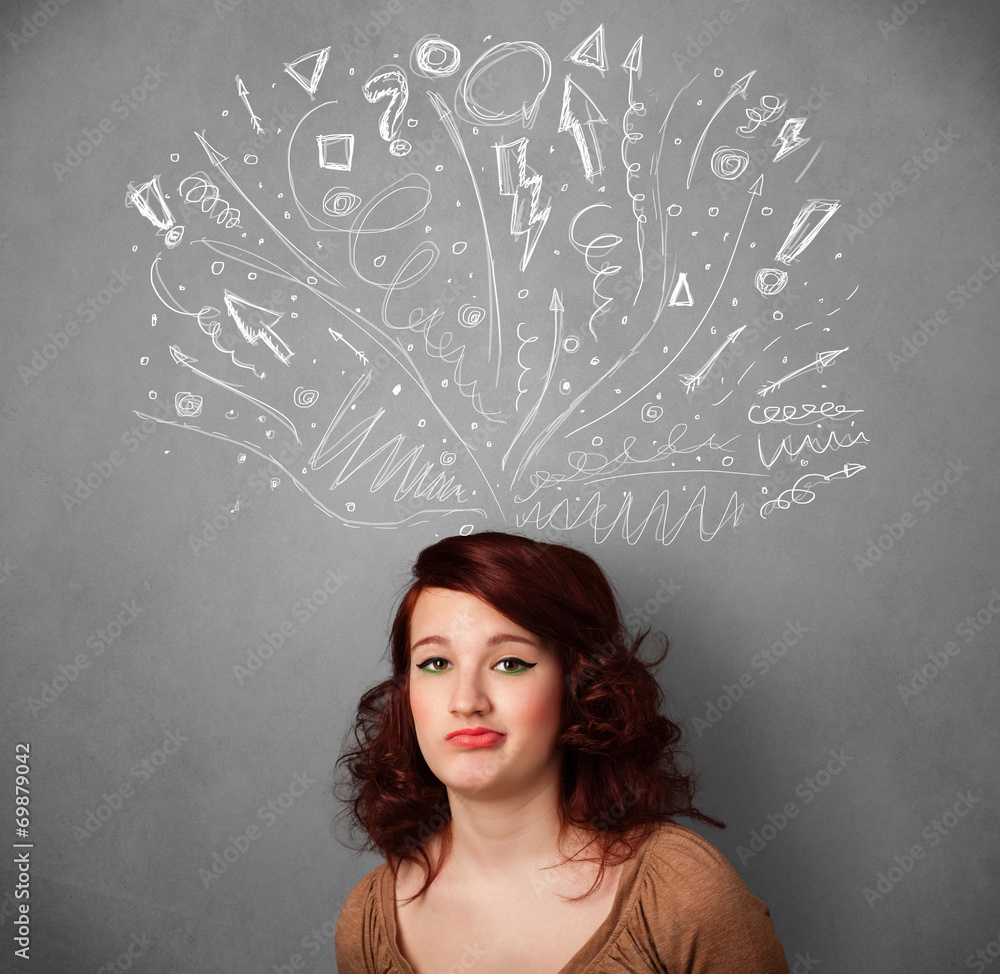 Young woman thinking with sketched arrows above her head Young woman thinking with sketched arrows above her head