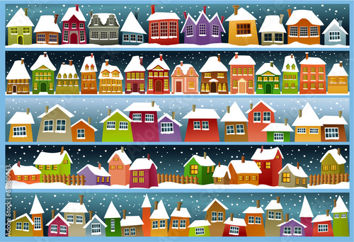 Winter banners with cartoon houses
