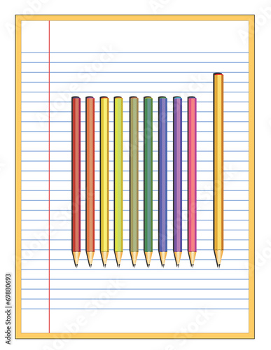 foglio a righe e matite su sfondo bianco