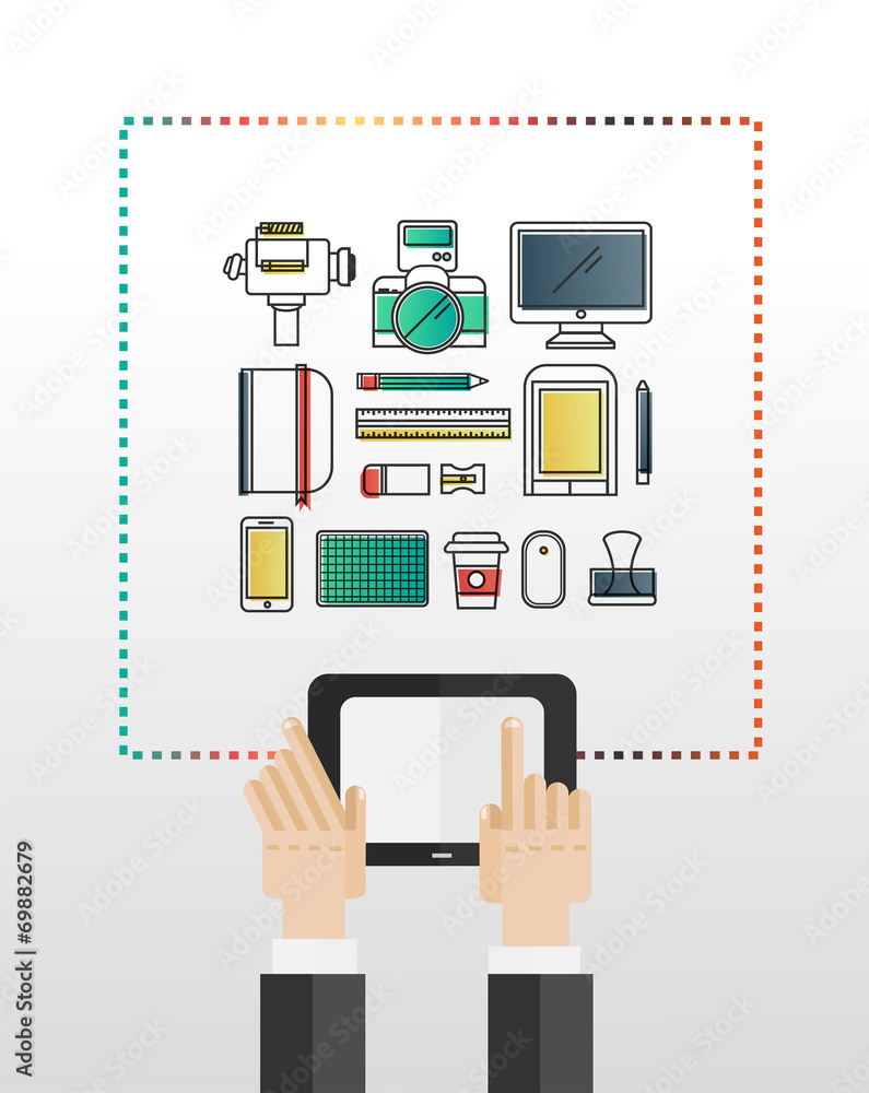 Hands using tablet pc with multimedia icons Hands using tablet pc with multimedia icons
