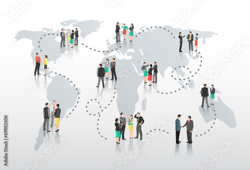 Business people with connecting lines and world map