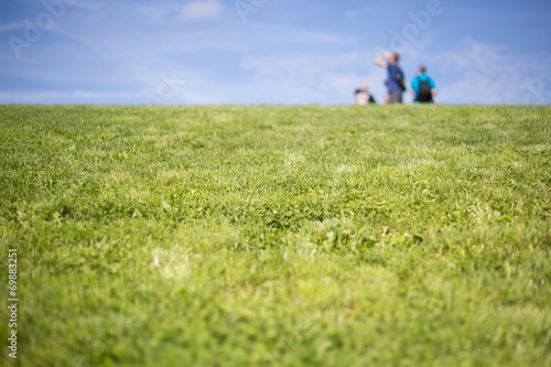 blurred people on grassy hill in background