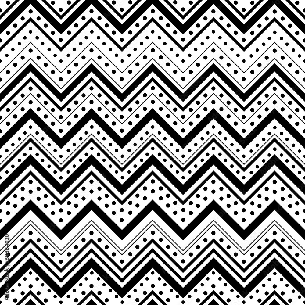 Zig zag seamless pattern with black dots and lines over white ba Zig zag seamless pattern with black dots and lines over white ba
