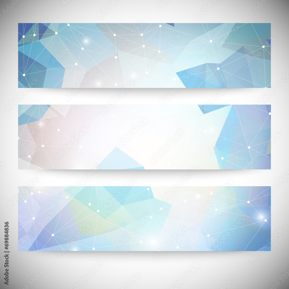 Set of banners with polygonal abstract shapes, circles, lines
