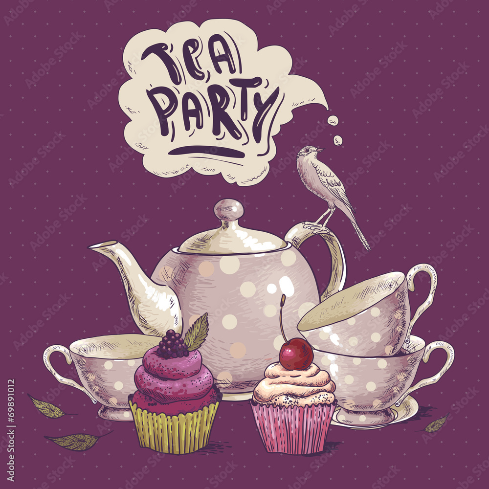 Tea party invitation card with a Cupcake and Pot - obrazy, fototapety, plakaty 