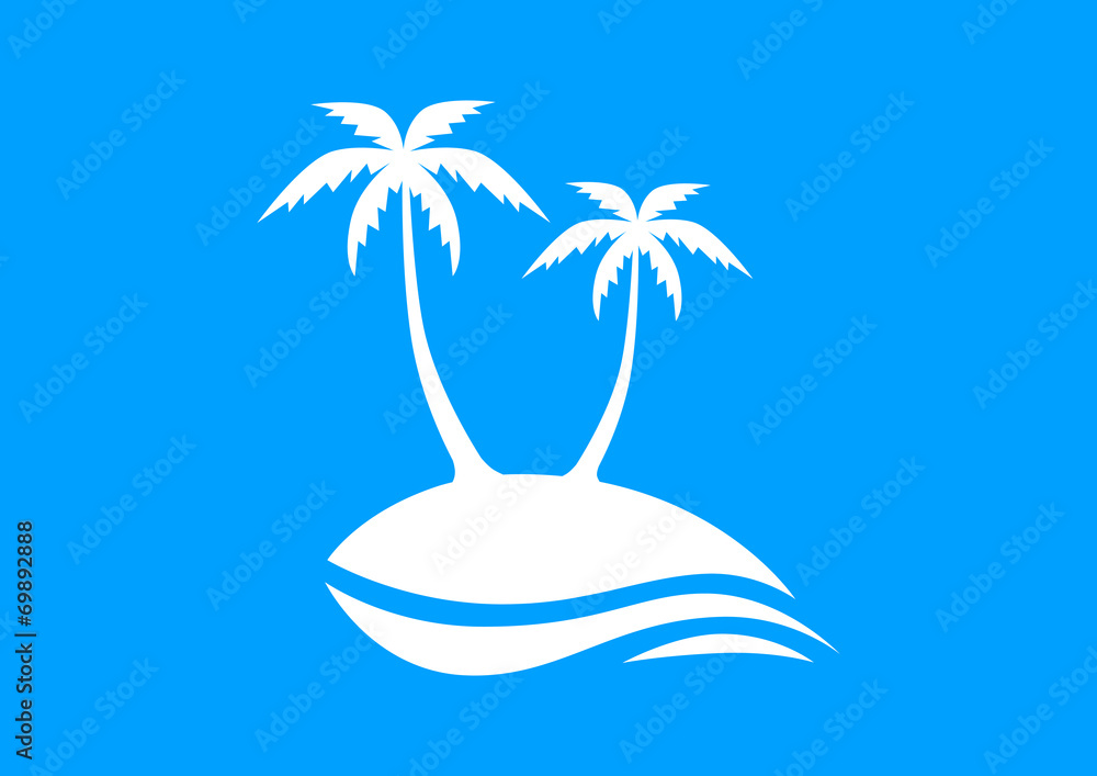 White island with palm trees on blue background