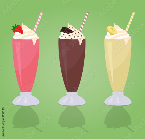 Milkshakes with Cream in Glass - Strawberry - Chocolate - Banana