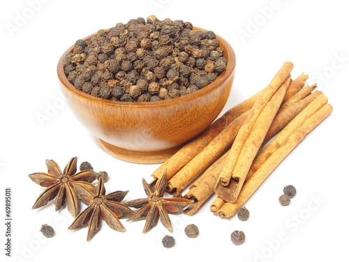 Spices Cloves, Cinnamon sticks and anise stars isolated on white