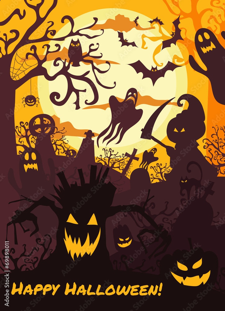Halloween illustration background with spooky cemetery, bare Halloween illustration background with spooky cemetery, bare