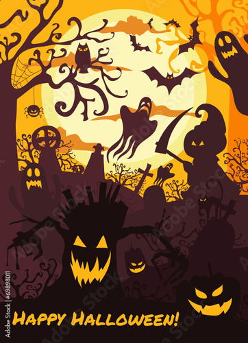 Halloween illustration background with spooky cemetery  bare