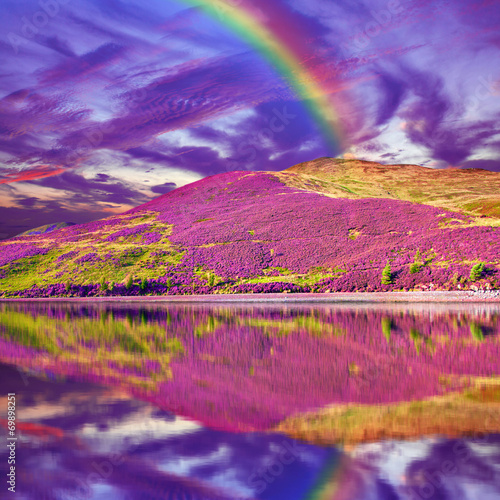 Colorful landscape scenery of rainbow over hill slope covered by