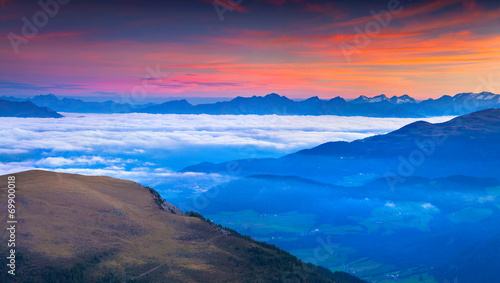Foggy summer sunrise in the Italian Alps. Dolomites mountains, I © Andrew Mayovskyy