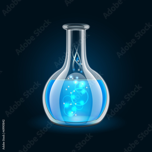 Transparent flask with magic blue liquid on black background.