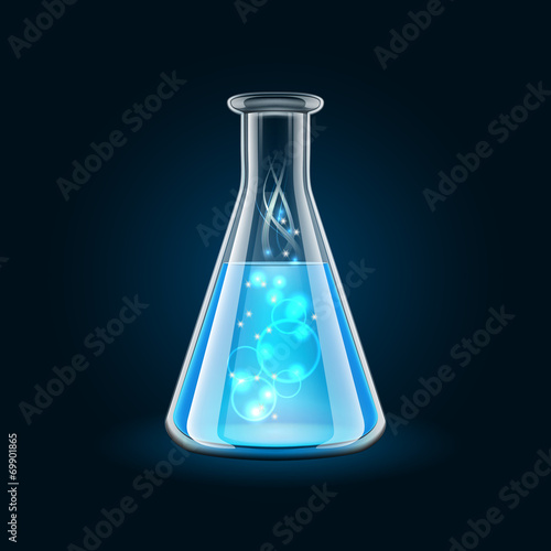 Transparent flask with magic blue liquid on black background.