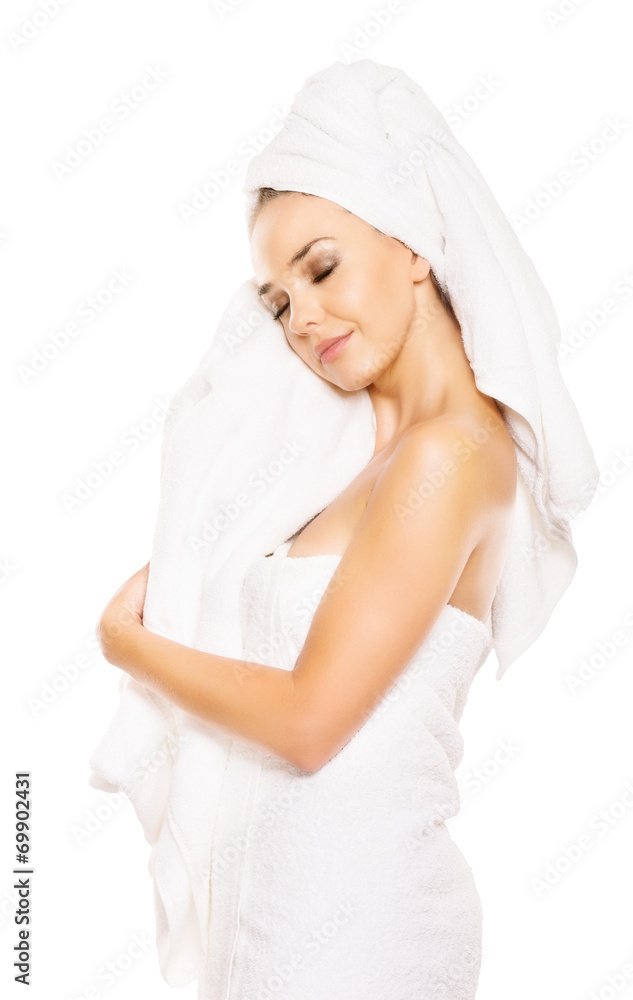 beautiful woman handle towel, after bath, isolated on white bac beautiful woman handle towel, after bath, isolated on white bac