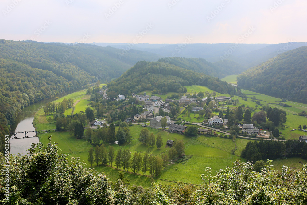View from panoramic viewpoint on village in Belgian Ardennes