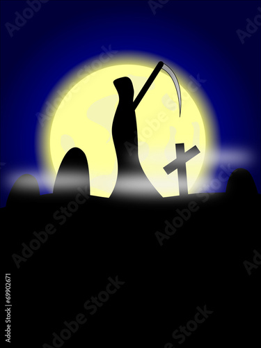 Halloween grim reaper on cemetery with moon