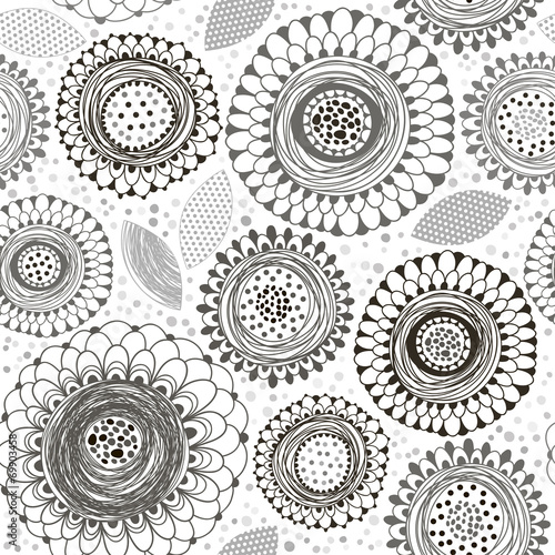 Monochrome seamless pattern of abstract flowers.