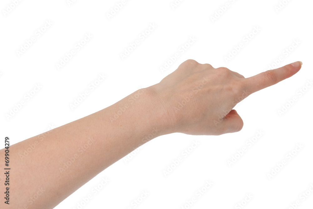 Isolated female hand touching or showing something with index fi Isolated female hand touching or showing something with index fi
