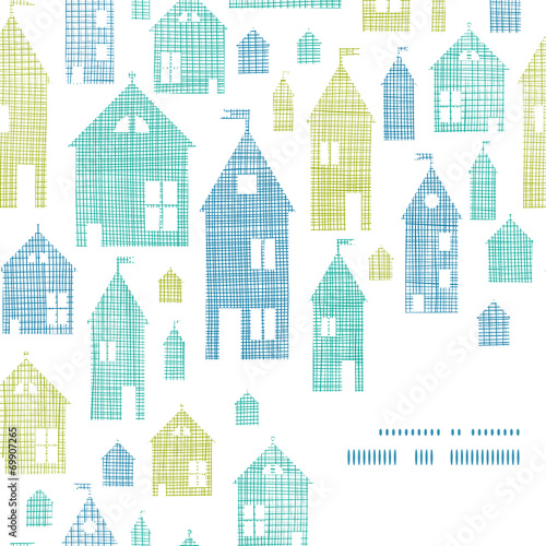 Houses blue green textile texture corner frame seamless pattern