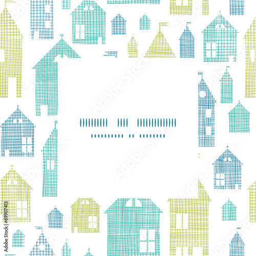Houses blue green textile texture frame center pattern