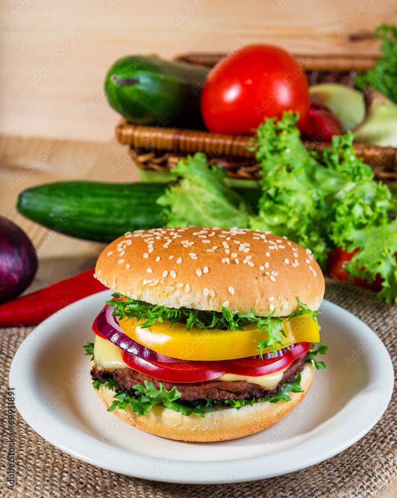 homemade hamburger with fresh vegetables, close up homemade hamburger with fresh vegetables, close up