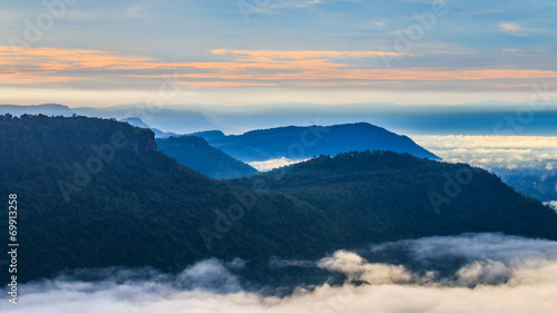 The mountain at Pha Mo I Daeng Cliff and the mist in the morning