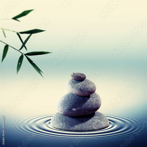 Canvas Print Wet pebble in the water with bamboo foliage on backgrounds, alte