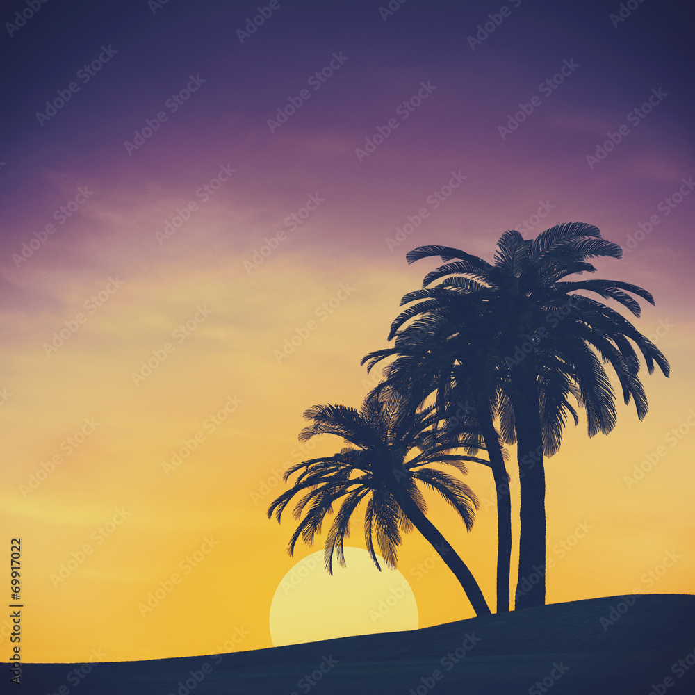 Tropical summer landscape with rising sun, abstract travel backg
