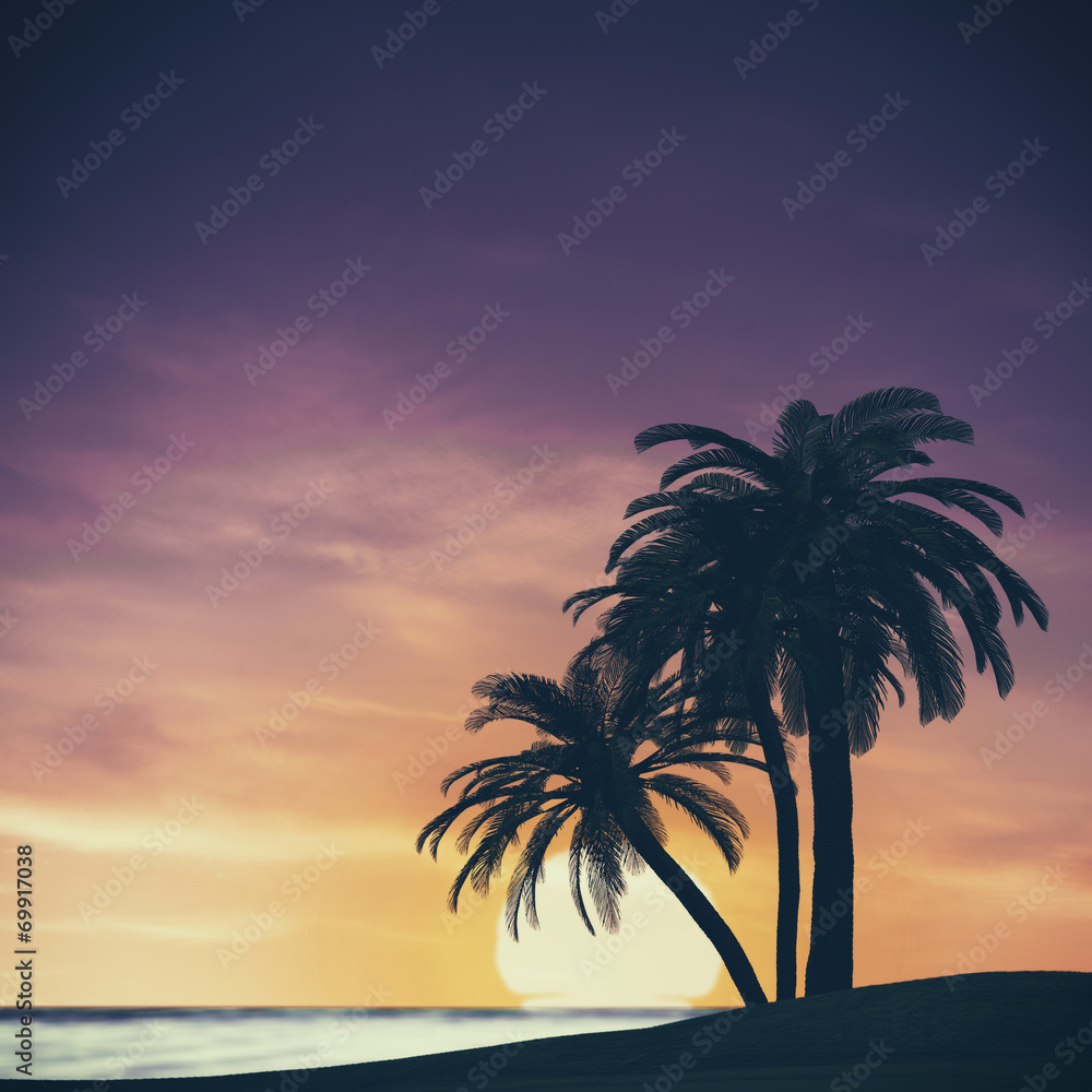 Tropical summer landscape with rising sun, abstract travel backg