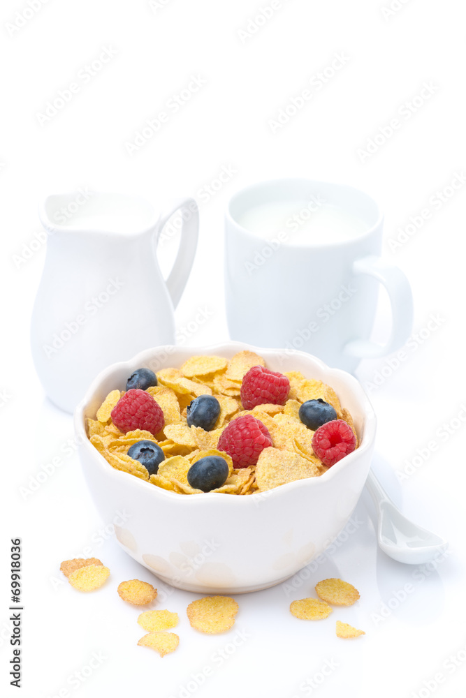 cornflakes with fresh berries in a bowl, milk, isolated cornflakes with fresh berries in a bowl, milk, isolated