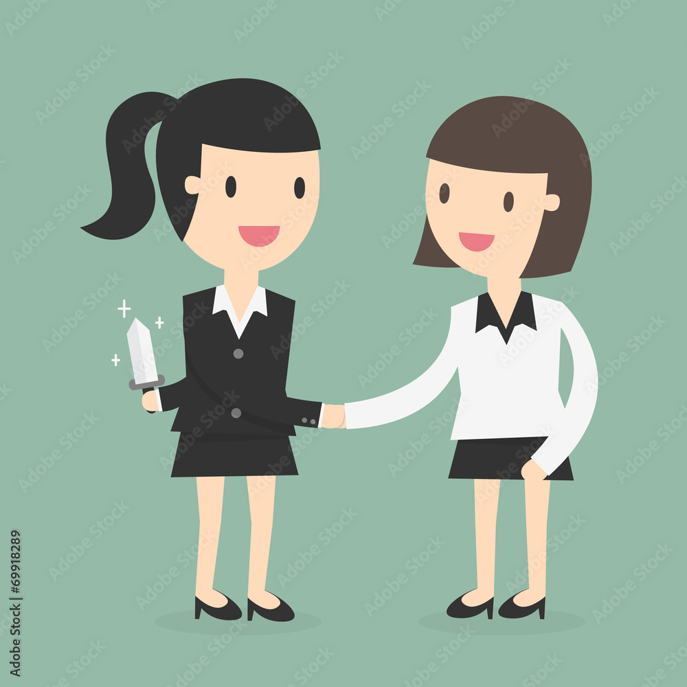 business partners handshaking while another people holding knife business partners handshaking while another people holding knife