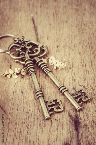 Keys on wood background
