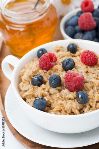 oat porridge with berries and honey, top view