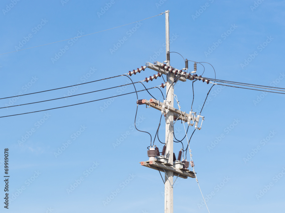 power supply line with wires over blue sky power supply line with wires over blue sky