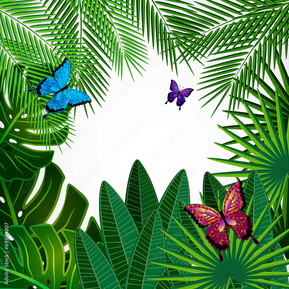 Naklejka premium Tropical leaves with butterflies. Floral design background.