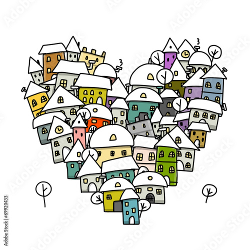 Winter city of love, heart shape sketch for your design