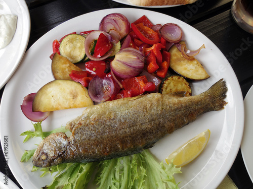 grill trout steak with vegetable