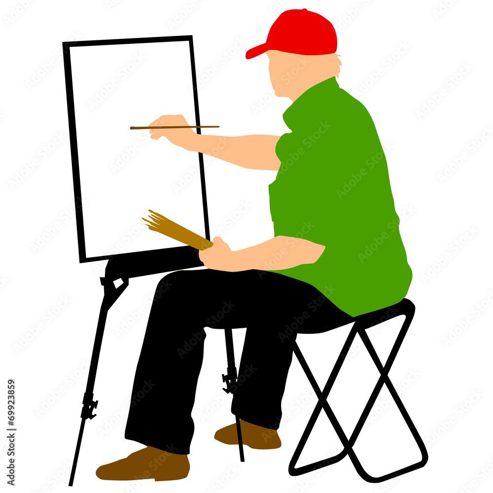 Silhouette, artist at work on a white background